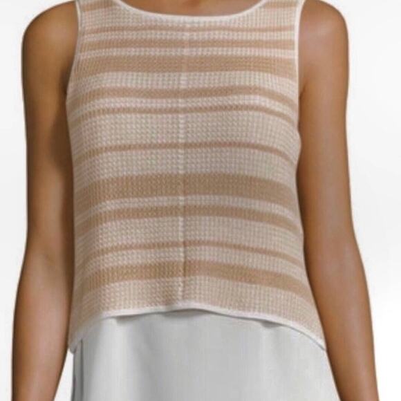 Tahari Layered Tank Sheer Crepe Cotton Knit Tan Stripe Classic Coastal Grandmo - Picture 1 of 11